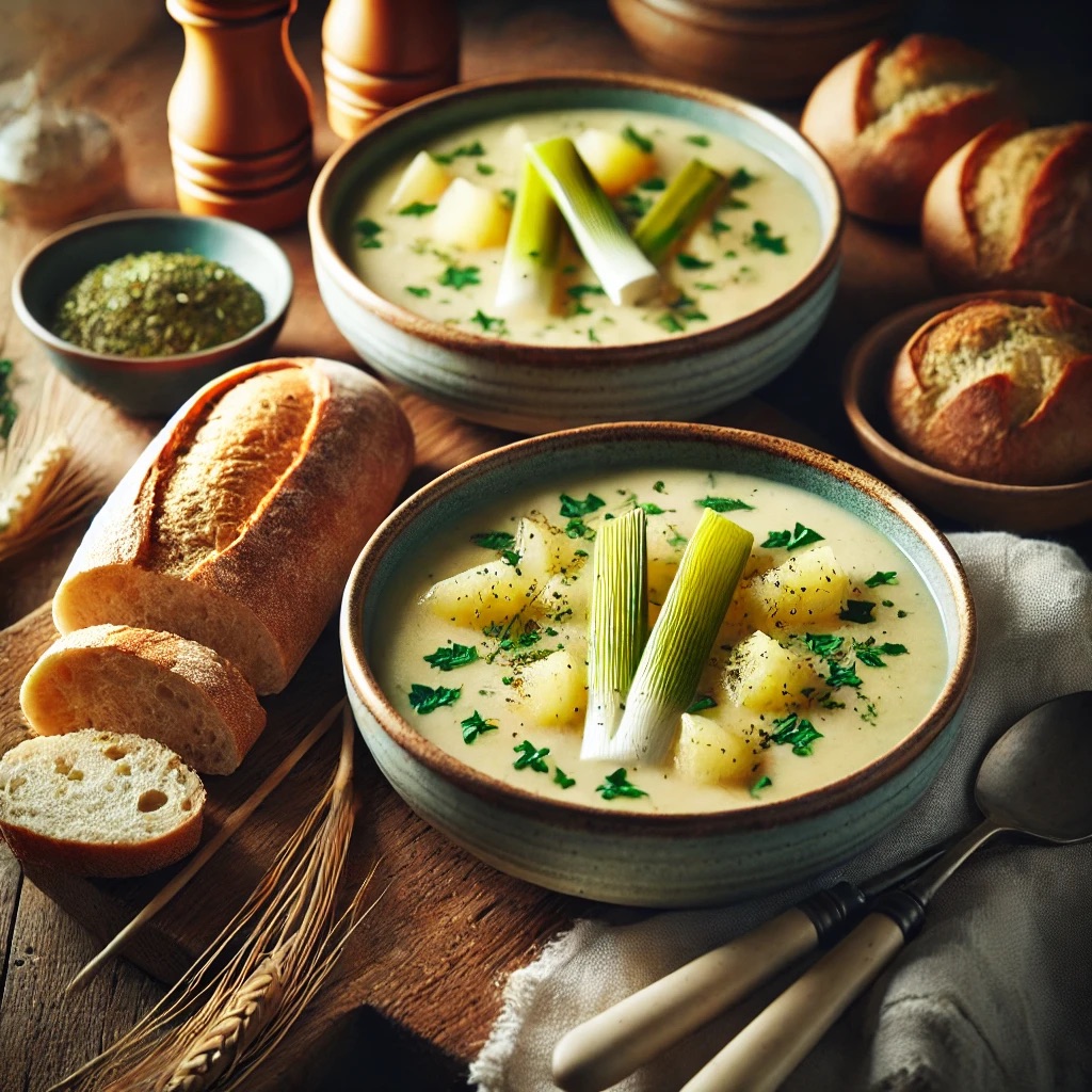 Cremige Kartoffel-Lauch-Suppe mit frischem Baguette